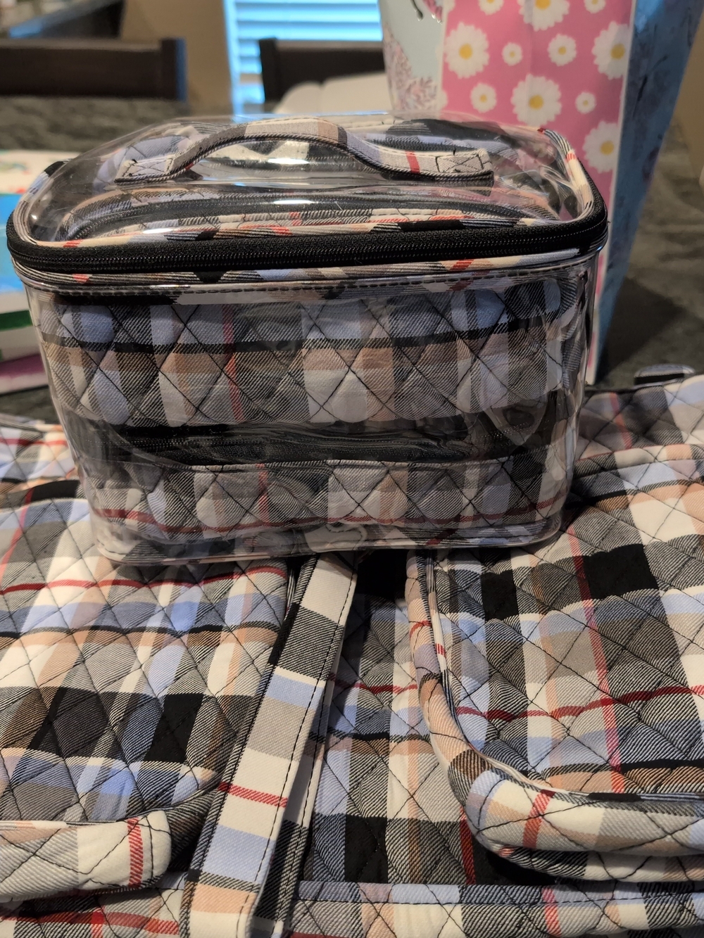 Vera Bradley Clear Quilted Plaid Toiletry Case - Black, Cream & Tan